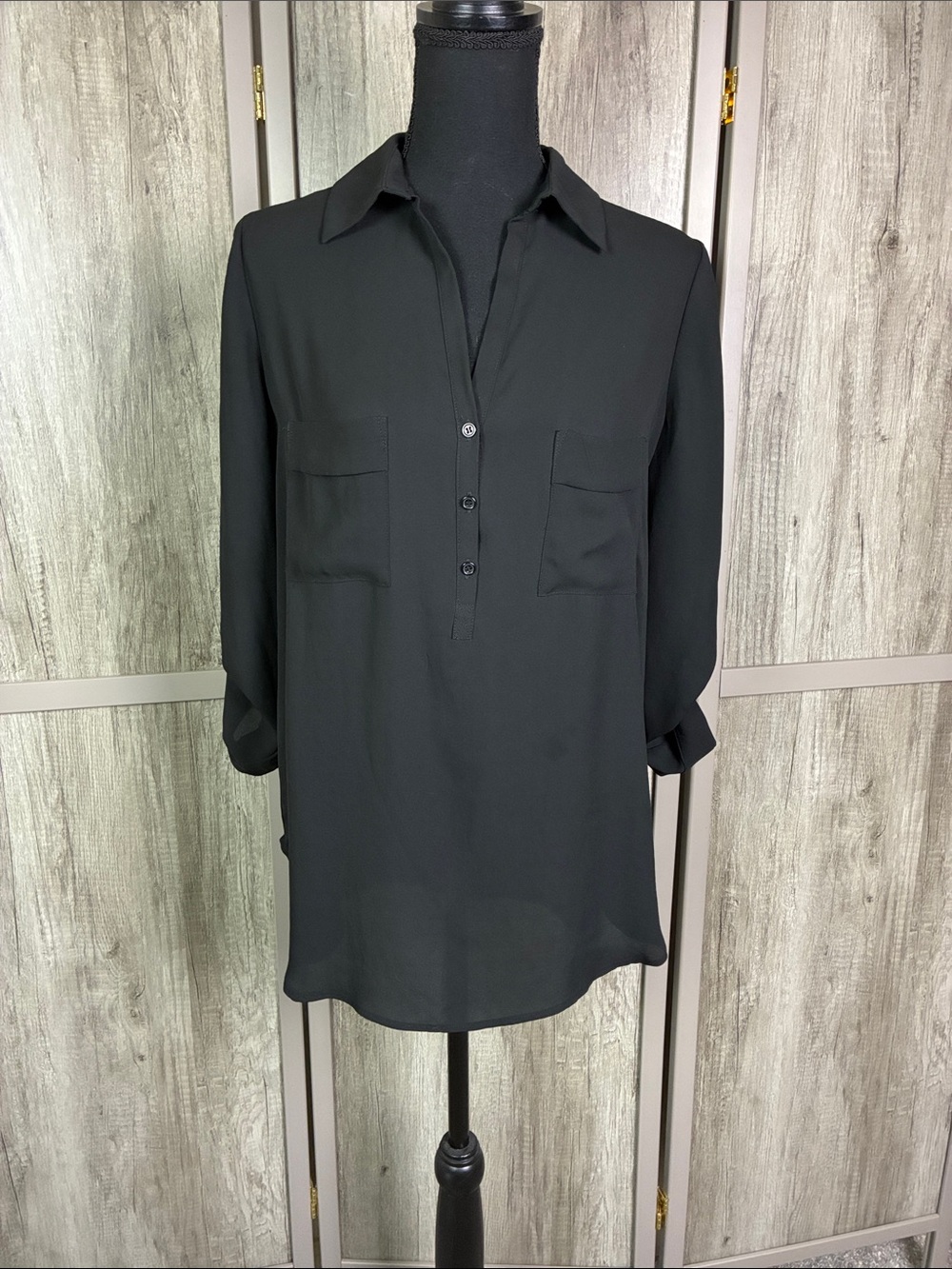 Anthropologie Pleione roll-tab sleeve black tunic blouse women's XS